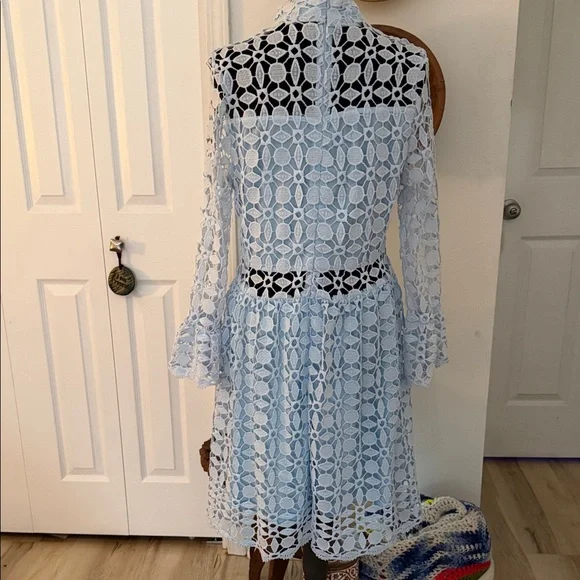 Light Blue Crochet Lace Long Sleeve Midi Dress - Picture 3 of 4